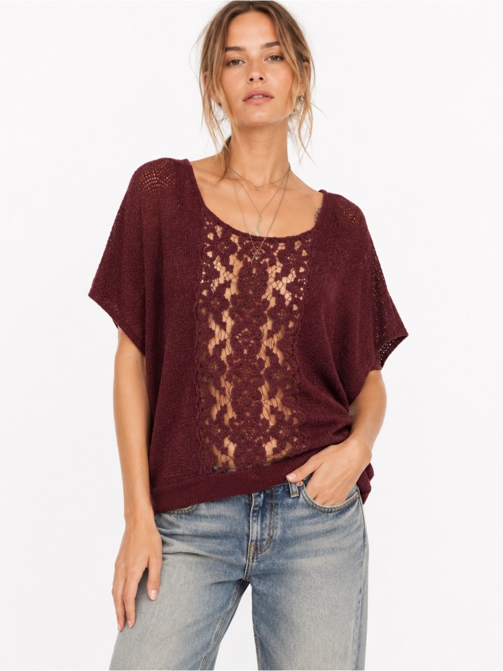 Free People Metallic Knit Sheer Burnout Lace Dolman Boho Burgundy Sweater Top M